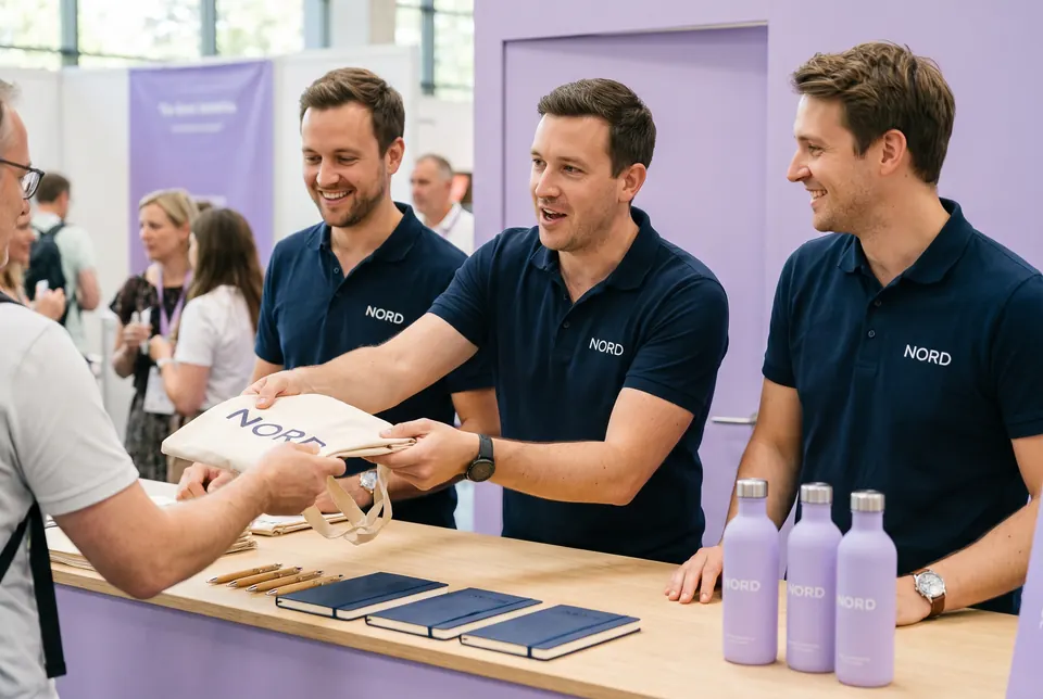 Zwei Mitarbeitende am Messestand in Poloshirts mit Logo geben einer Besucherin eine Stofftasche, auf dem Tresen liegen Stifte, Notizbücher und Flaschen.