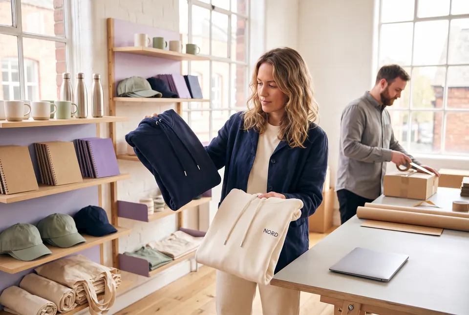 Eine Werbemittelhändlerin vergleicht in ihrem Musterraum zwei bestickte Hoodies, im Hintergrund Regale mit Produktmustern und ein Kollege beim Packen.