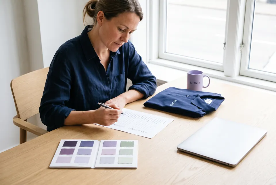 Eine Einkäuferin arbeitet am Schreibtisch eine gedruckte Anforderungsliste ab, daneben liegen Musterteile wie Poloshirt, Tasse und Farbmuster.