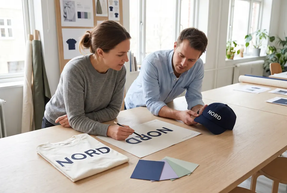 Zwei Kollegen prüfen einen Logo-Ausdruck neben einem bedruckten T-Shirt, einer bestickten Cap und Farbmustern.