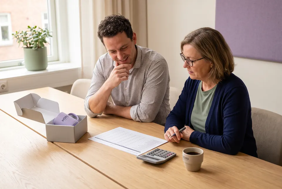 Ein Personalleiter und eine Lohnbuchhalterin besprechen am Tisch eine Aufstellung, zwischen ihnen stehen eine Geschenkbox mit Tasse und ein Taschenrechner.