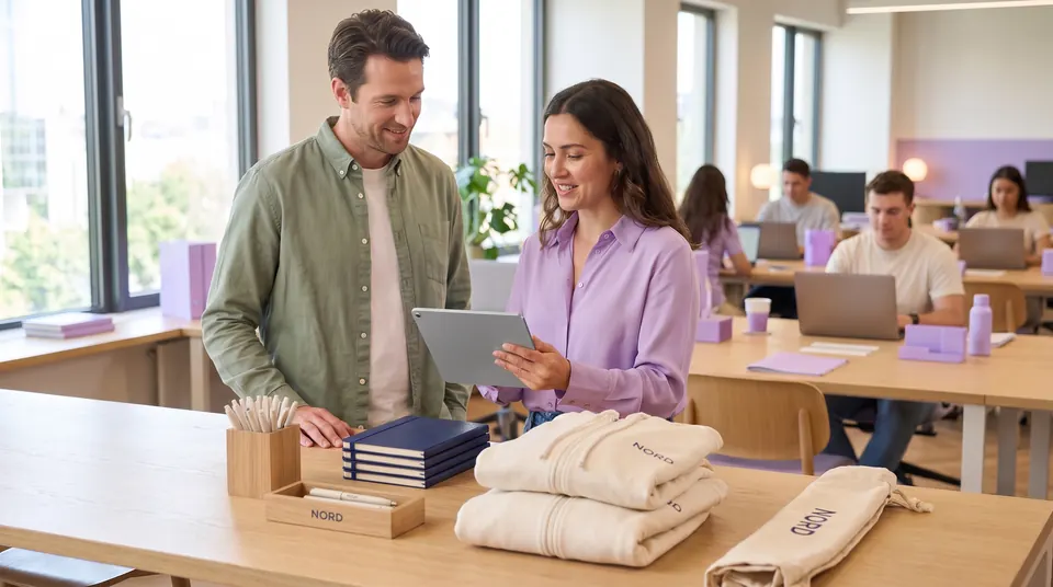 Zwei Mitarbeitende aus Marketing und HR stellen im Büro Material für Veranstaltungen und neue Mitarbeitende zusammen.
