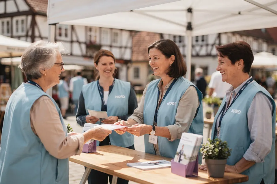 Ehrenamtliche eines Verbands in einheitlichen Westen an einem Informationsstand auf dem Marktplatz.