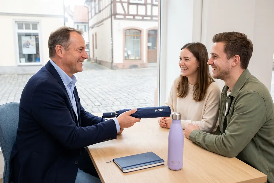 Ein Versicherungsvertreter überreicht einem jungen Paar in seiner Agentur einen Regenschirm mit Logo, auf dem Tisch liegen Trinkflasche und Notizbuch.