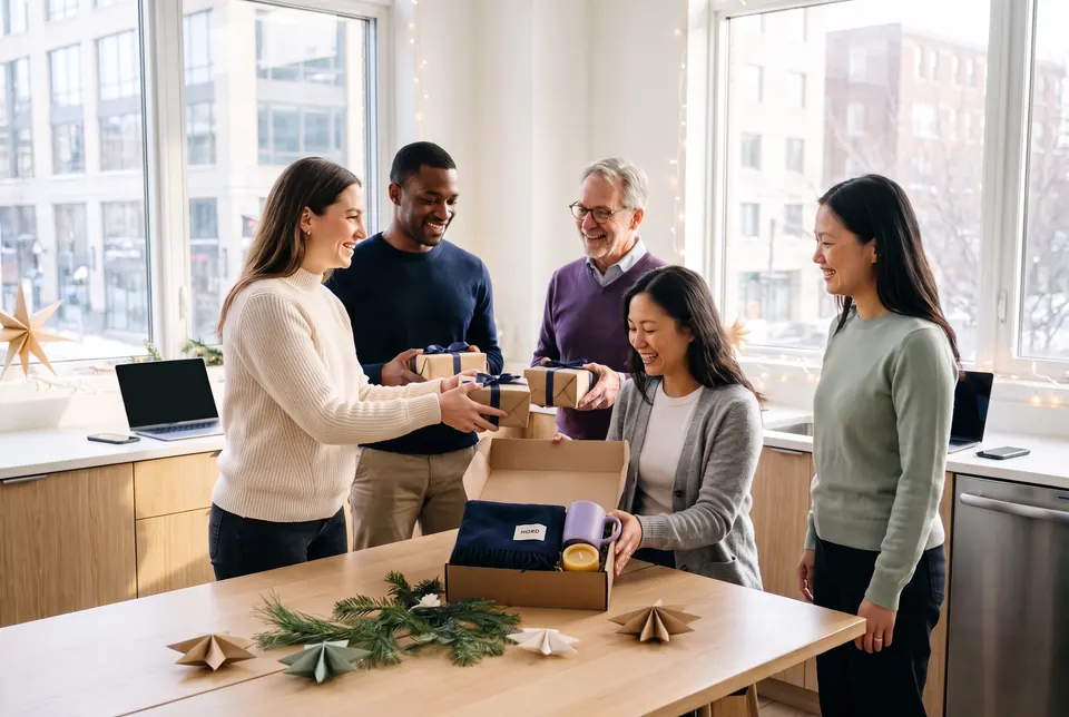 Eine Teamleiterin verteilt vor den Feiertagen Geschenkboxen an Kolleginnen und Kollegen, in einer geöffneten Box liegen Schal, Tasse und Kerze.