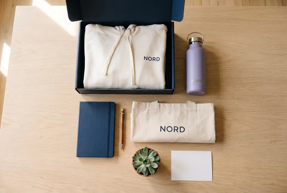 Inhalt einer Onboarding-Box von oben: Box, Hoodie, Trinkflasche, Notizbuch, Stift, Stofftasche, Pflanze und Karte.