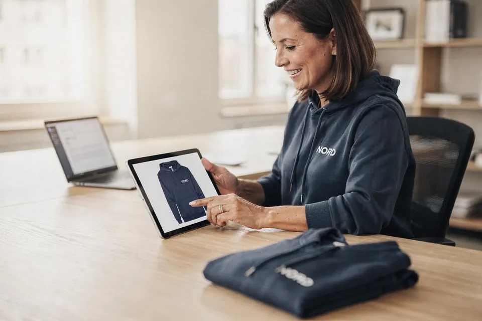 Eine Marketingleiterin prüft auf dem Tablet den Korrekturabzug für einen Hoodie und gibt ihn frei.