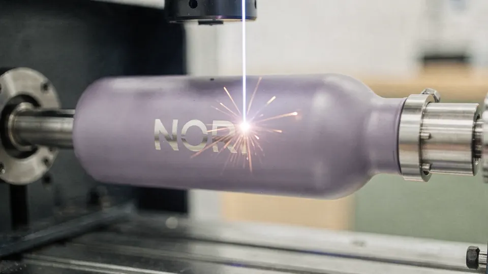 Ein Laser graviert die Wortmarke NORD in eine lilafarbene Aluminiumflasche: Der Strahl trifft auf die Flasche, Funken sprühen, N, O und R sind fertig graviert.