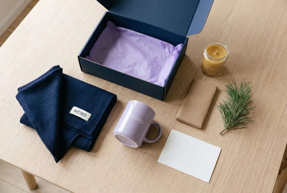 Inhalt einer Weihnachtsbox für Mitarbeitende von oben: Box, Wollschal, Tasse, Kerze, Schokolade, Tannenzweig und eine Karte.